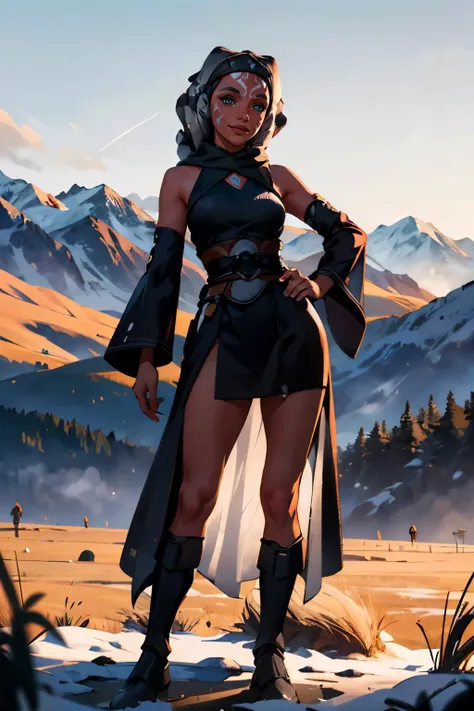 StarWAhsoka,dark skin, white facial mark, black robes, looking at viewer, smiling, standing, hands on hips, outside, park, field, winter, blue sky, high quality, masterpiece, <lora:StarWAhsoka:.7>