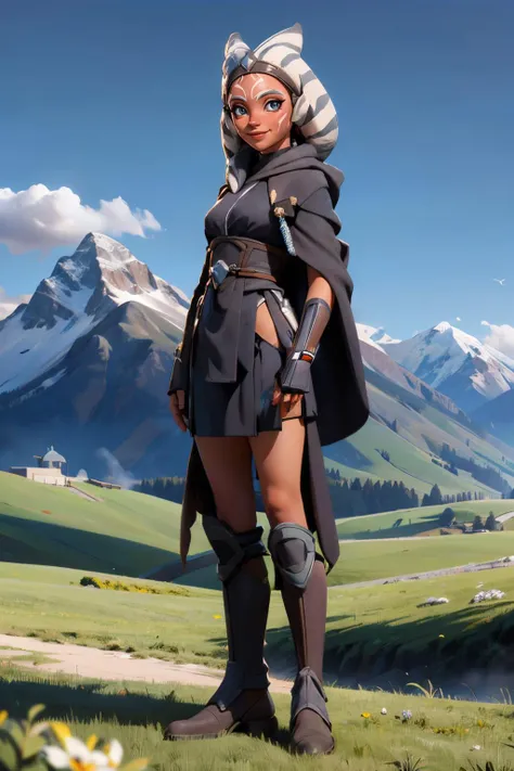 StarWAhsoka,dark skin, white facial mark, black robes, boots, looking at viewer, smiling, full body shot, standing, outside, field, mountain, winter, blue sky, high quality, masterpiece, <lora:StarWAhsoka:.7>