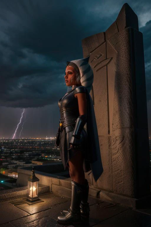 StarWAhsoka, 1girl, dark skin, white facial mark, anguished expression, full body shot, meditating, temple overlooking the city at night, stormy sky, lightning, <lora:StarWAhsoka:0.9>