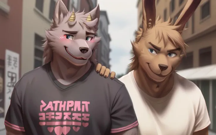 street background, photorealistic, aesthetic, masterpiece, 4k, sharp focus, duo, clothed, t-shirt, hitching shoulders, bust portrait, smile BREAK male, bathym, wolf, detailed face, blush, happy BREAK sissel, bunny boy <lora:bathym-09:1> <lora:sissel:1>