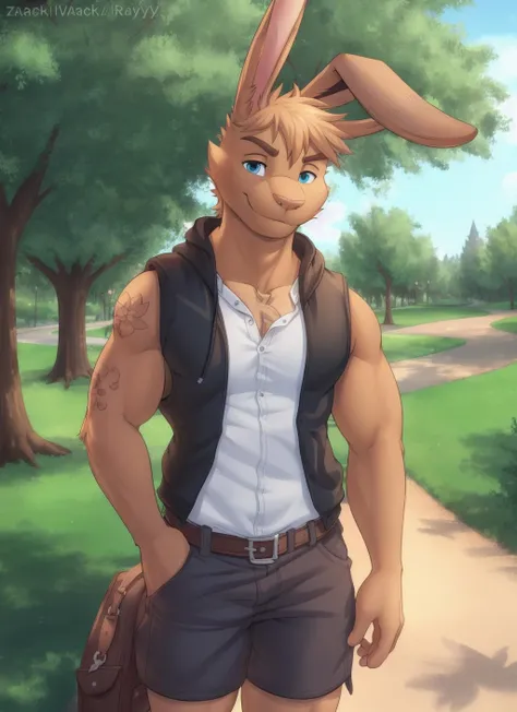 <lora:sissel-09:1>, sissel, solo, (soft shading), 4k, hi res, detailed face, detailed eyes, detailed, (full body), by zackarry911, by zaush, (by personalami:0.5), zootopia style, muscular, muscular male, bara, blue eyes, sleeveless jacket, shorts, park, rabbit ears, smile, snout, rabbit, sleeveless, hooded jacket,