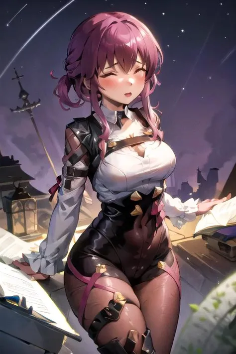 <lora:kafka-06:0.8>, Highly detailed, High Quality, Masterpiece, beautiful, kafkav1,  purple eyes,  large breasts, long sleeve, library scenery, potted plants, books, fresh air, (depth of field, blurry foreground, blurry background:1.2), light particles, (from below),