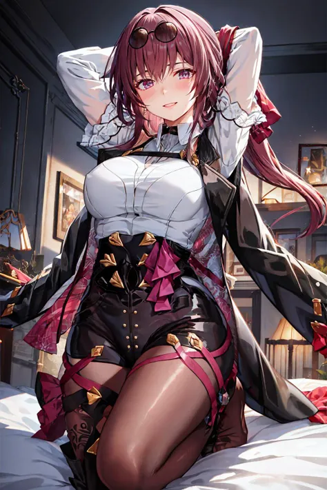 masterpiece, best quality, <lora:kafka-nvwls-v1-final:0.9> kafka, purple eyes, sunglasses on head, black jacket, collared shirt, black shorts, pantyhose, seiza, bed, arms behind head, smile <lora:Akusema-Style-000071:0.8>