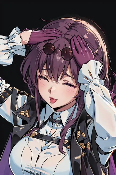 masterpiece, best quality, kafka, purple eyes, sunglasses on head, black jacket, collared shirt, purple gloves, large breasts, closed eyes, tongue, ahetobleh, hands on own head, from above, portrait <lora:kafka-nvwls-v2-000012:0.9> <lora:ahetobleh-nvwls-v1-final:0.7>
