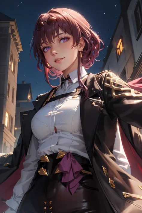 masterpiece, best quality, kafka, purple eyes, sunglasses on head, black jacket, collared shirt, black shorts, upper body, glowing eyes, from below, mansion, night, looking at viewer, smirk <lora:kafka-nvwls-v2-000012:0.9>