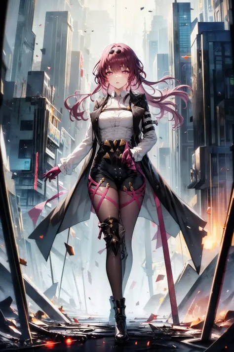 masterpiece, best quality, kafka, purple eyes, sunglasses on head, black jacket, purple gloves, collared shirt, black shorts, pantyhose, standing, looking at viewer, city street, (glowing eyes:1.4) <lora:kafka-nvwls-v1-final:0.9>