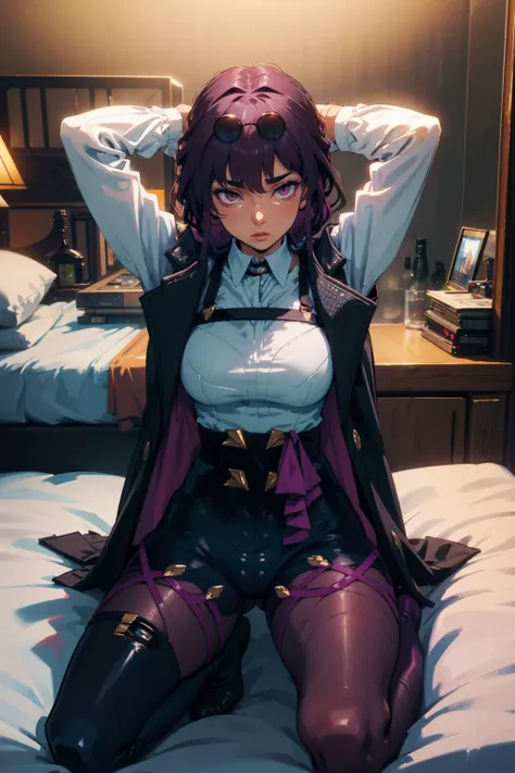 masterpiece, best quality, kafka, purple eyes, sunglasses on head, black jacket, collared shirt, black shorts, pantyhose, boots, looking at viewer, seiza, arms behind head, bed <lora:kafka-nvwls-v2-000012:0.9>