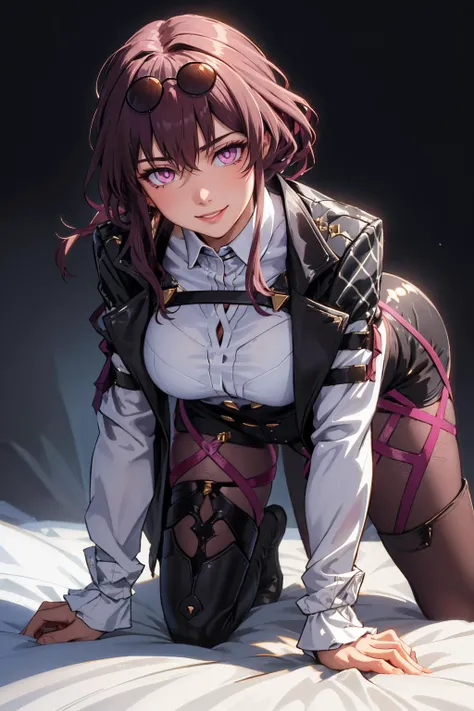 masterpiece, best quality, kafka, purple eyes, sunglasses on head, black jacket, collared shirt, black shorts, pantyhose, boots, all fours, pov, large breasts, glowing eyes, furrowed brow, smile, seductive <lora:kafka-nvwls-v2-000012:0.9>