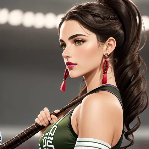 Lacrosse, Sensation, Average Height, Lean, Oval Face, Olive Skin, Dark Brown Hair, Green Eyes, Narrow Nose, Thin Lips, Receding Chin, Shoulder-Length Hair, Coarse Hair, Shoulder-Length Curls, soft breasts, Dangle earrings, rose satin lipstick, <lora:epiNoiseoffset_v2Pynoise:2>