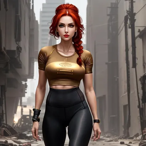 Miss, Tall, Fit, Square Face, Tan Skin, Red Hair, Brown Eyes, Short Nose, Full Lips, Sharp Chin, Long Hair, Wavy Hair, Braided Crown, asymmetrical breasts, Stud earrings, golden velvet lipstick,  inside ((  wearing  Fitness tights and fitted T-shirt )), Post-apocalyptic wasteland, <lora:epiNoiseoffset_v2Pynoise:2>