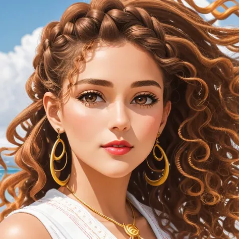 Sailing, Starlet, Tall, Slim, Square Face, Fair Skin, Chestnut Hair, pink Eyes, [[Curved Nose]], Thin Lips, Round Chin, Long Hair, Curly Hair, Boho Braid, firm breasts, Clip-on earrings, orange gloss lipstick, <lora:epiNoiseoffset_v2Pynoise:2>