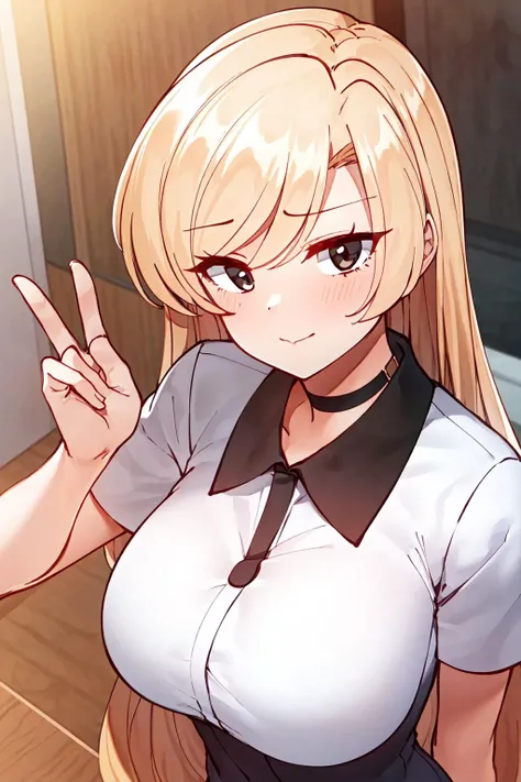 white shirt ,black collared shirt,short sleeves,short shorts,black choker, <lora:Yejin_LIM_Learning-KK77-V2:0.7>,<lora:YejinsMother_Learning-KK77-V1:0.1>, blonde hair,Brown eyes,bangs,very long hair,
1 girl, 20yo,Young female,Beautiful Finger,Beautiful long legs,Beautiful body,Beautiful Nose,Beautiful character design, perfect eyes, perfect face,expressive eyes, looking at viewer, in the center of the image,(light_smile:0.5), official art,extremely detailed CG unity 8k wallpaper, perfect lighting,Colorful, Bright_Front_face_Lighting,shiny skin, (masterpiece:1.0),(best_quality:1.0), ultra high res,4K,ultra-detailed, photography, 8K, HDR, highres, absurdres:1.2, Kodak portra 400, film grain, blurry background, bokeh:1.2, lens flare, (vibrant_color:1.2) (Beautiful,large_Breasts:1.0), (beautiful_face:1.5),(narrow_waist)