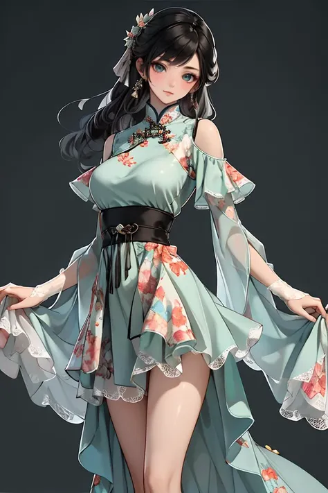 masterpiece,best quality,newchinesestylesuit,1girl,looking at viewer,full body,simple background,Mint Green dress,<lora:NewChineseStyleSuit_v1:0.8>,