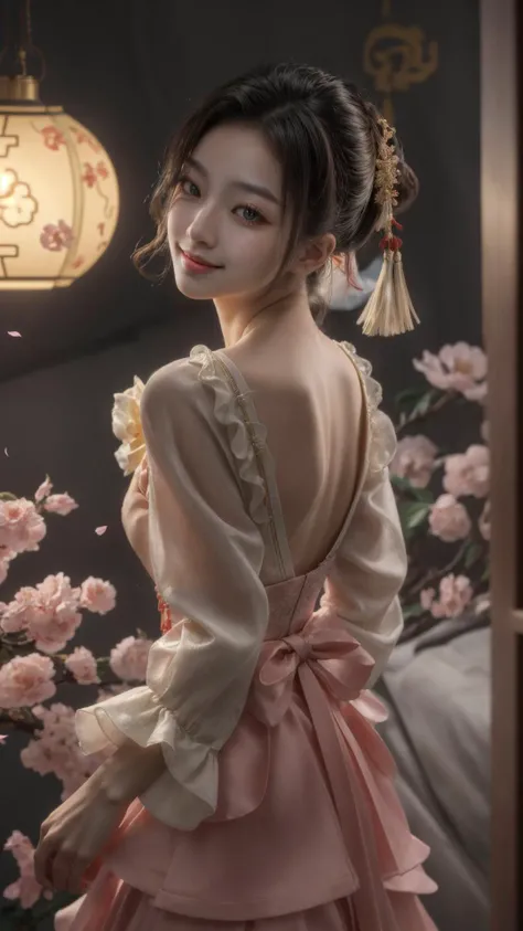 masterpiece, depth of field, professional lighting, masterpiece, best quality, intricate, raytracing, tone mapped, highly detailed, a 18yo girl, Chinese element scenery, light color dress, upper_body, detailed face, headband, indoor, acient Chinese element, Chinese furniture, (bloom:0.7),floating_petal, light smile, photorealistic, <lora:NewChineseStyleSuit_v01:0.2>, <lora:guangying:0.2>, <lora:more_details:0.7>