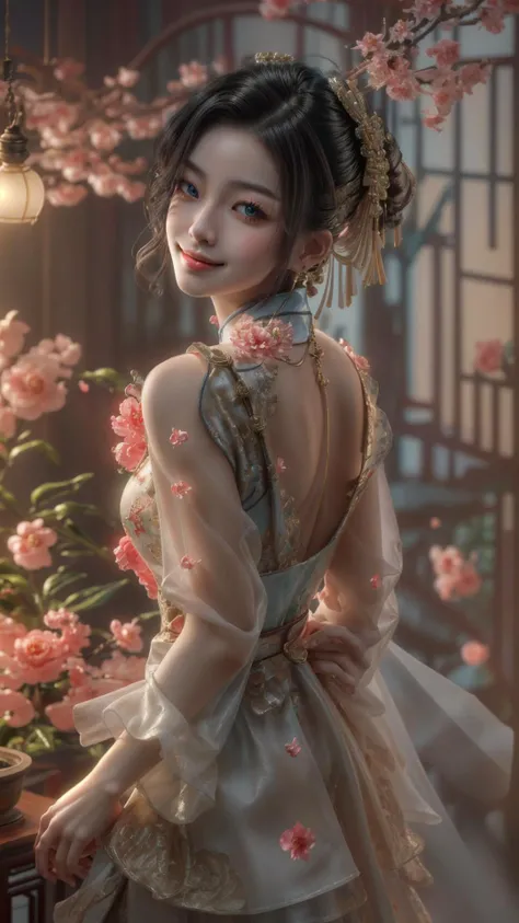 masterpiece, depth of field, professional lighting, masterpiece, best quality, intricate, raytracing, tone mapped, highly detailed, a 18yo girl, Chinese element scenery, light color dress, upper_body, detailed face, headband, indoor, acient Chinese element, Chinese furniture, (bloom:0.7),floating_petal, light smile, photorealistic, <lora:NewChineseStyleSuit_v01:0.7>, <lora:guangying:0.2>, <lora:more_details:0.7>