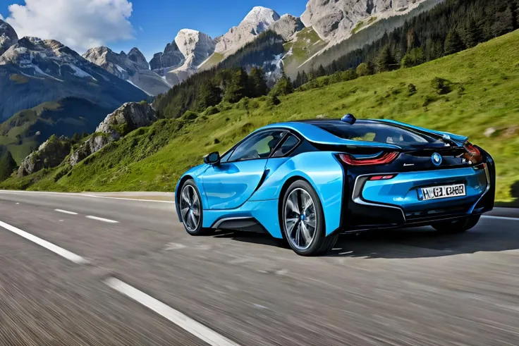 BMWi8 driving on a twisty road in the Bavarian alps, wide angle view<lora:BMWi8:.7>