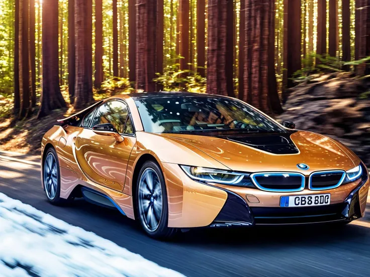 masterpiece, best quality, BMWi8, 1car, forest background, snow, night, highly detailed, <lora:BMWi8:0.7>