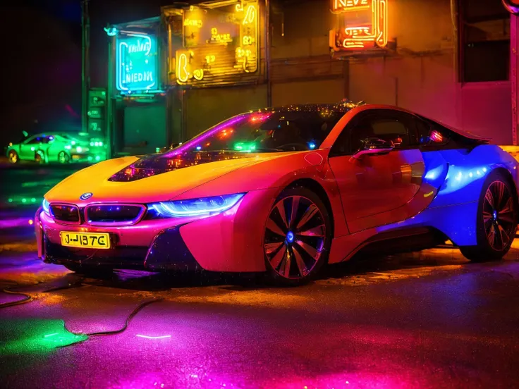 masterpiece, best quality, BMWi8, multicolored car, night, rainy highway, highly detailed, <lora:BMWi8:0.7>, ((Cinematic lighting)), (glowing), ((dramatic lighting)), ((beautiful detailed glow)), intricate detail, lens flare, backlighting, (neon lights:1.6)