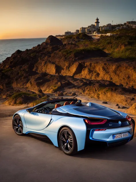 masterpiece, best quality, BMWi8, 1car, cabrio, back view, beach background, ocean, sunset, highly detailed, <lora:BMWi8:0.7>, slate atmosphere, cinematic, dimmed colors, dark shot, muted colors, film grainy, lut, spooky