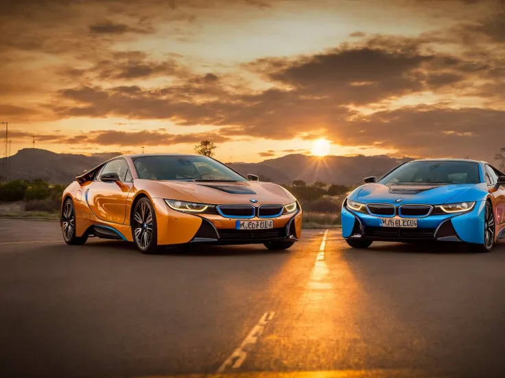 masterpiece, best quality, BMWi8, 2cars, front view, road, sunset, highly detailed, <lora:BMWi8:0.7>, (dark shot:1.17), epic realistic, faded, ((neutral colors)), art, (hdr:1.5), (muted colors:1.2), hyperdetailed, (artstation:1.5), cinematic, warm lights, dramatic light, (intricate details:1.1), complex background, (rutkowski:0.8), (teal and orange:0.4), Details, ((intricate details)), hdr, ((intricate details, hyperdetailed))