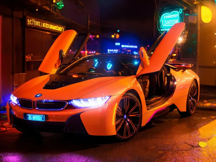 masterpiece, best quality, BMWi8, open doors, night, rainy highway, highly detailed, <lora:BMWi8:0.7>, ((Cinematic lighting)), (glowing), ((dramatic lighting)), ((beautiful detailed glow)), intricate detail, lens flare, backlighting, (neon lights:1.6)