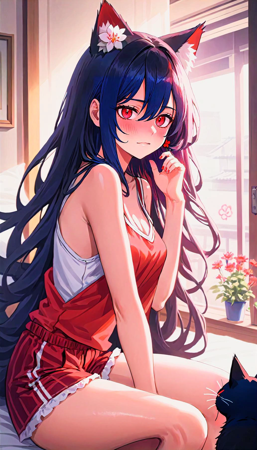 1girl, red eye, cat ears, bedroom, window, flower, black long hair, 2d, anime, sitting, camisole, dolphin shorts, flower hair pin, waving, smirk