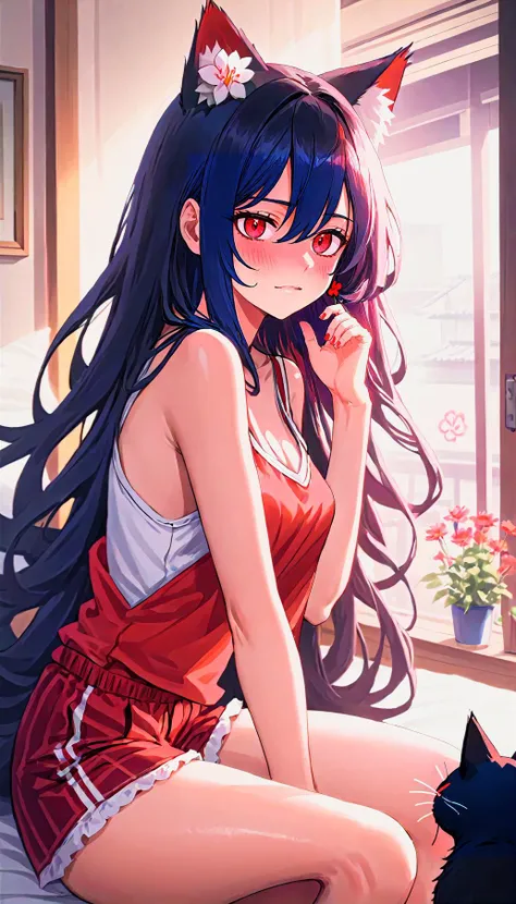 1girl, red eye, cat ears, bedroom, window, flower, black long hair, 2d, anime, sitting, camisole, dolphin shorts, flower hair pin, waving, smirk