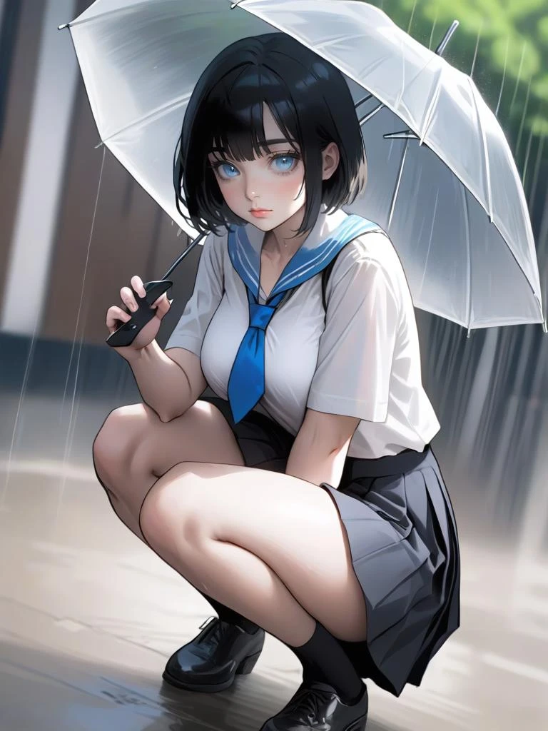 1girl, solo, blue eyes, short hair, umbrella, skirt, necktie, squatting, school uniform, black hair, looking at viewer, phone, parted lips, white background, cellphone, simple background, shirt, pleated skirt, breasts, rain