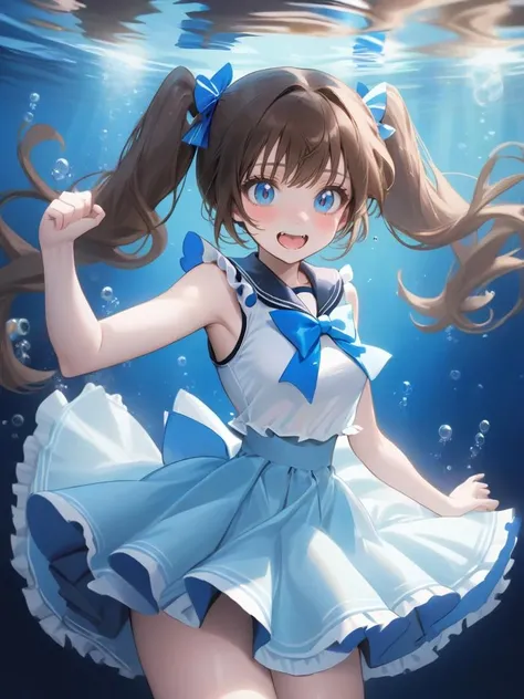 1girl,solo,dress,smile,long hair,open mouth,twintails,sleeveless,underwater,fish,blue eyes,ahoge,bubble,brown hair,air bubble,looking at viewer,sleeveless dress,white dress,sailor dress,:d,sailor collar,bangs,bare arms,ribbon,teeth,bare shoulders,skirt hold,frills,water,blush,frilled dress,blue sailor collar,floating hair,depth of field,bow,blurry,upper teeth only,blue ribbon,