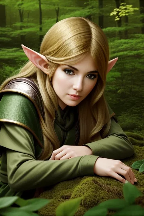 a beautiful elven ranger crouches in the woods, closeup, gorgeous, rule of thirds, fully clothed, hd