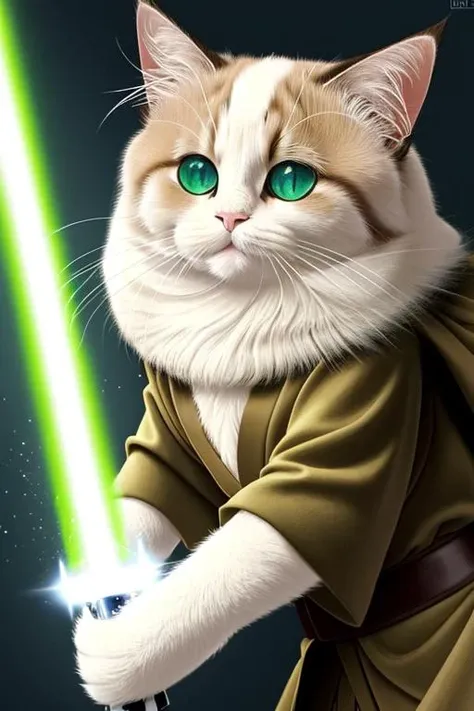 jedi ragdoll cat holds a green lightsaber in both paws, brown robes, jedi robes, 1lighsaber, 1cat, green_eyes, hd, 8k, ultra detailed