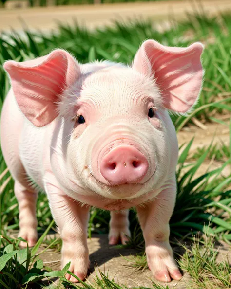 a pink pig on the grass, <lora:UltimatePinkPig_v1.0:0.8>, ultimatepinkpig