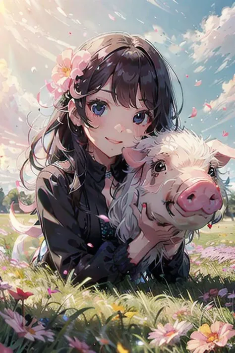 masterpiece, best quality, (girl and pink pig), (colorful), bust shot, volumatic light, ray tracing, extremely detailed CG unity 8k wallpaper,smile,intricate, ((flying petal)),(Flowery meadow) sky, cloudy_sky, light, fantasy, windy, magic sparks, long black hair,<lora:UltimatePinkPig_v1.0:1>,