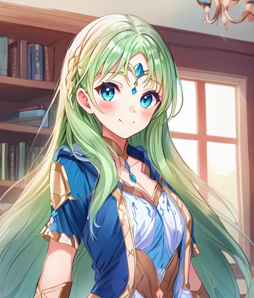 long hair, smile, 1girl, breasts, green hair, bookshelf, blush, looking at viewer, window, indoors, short sleeves, bangs, blue eyes, solo, closed mouth, cleavage, circlet, book, upper body, dress, medium breasts, parted bangs, collarbone, very long hair, open clothes, braid, gem, jewelry, {{{masterpiece}}}, {{{best quality}}}, {{ultra-detailed}}, {{an extremely delicate and beautiful}}, {detailed hair}, {detailed eyes}, {{{extremely detailed animatic}}}, {dynamic angle}, dynamic angle, diagonal angle,