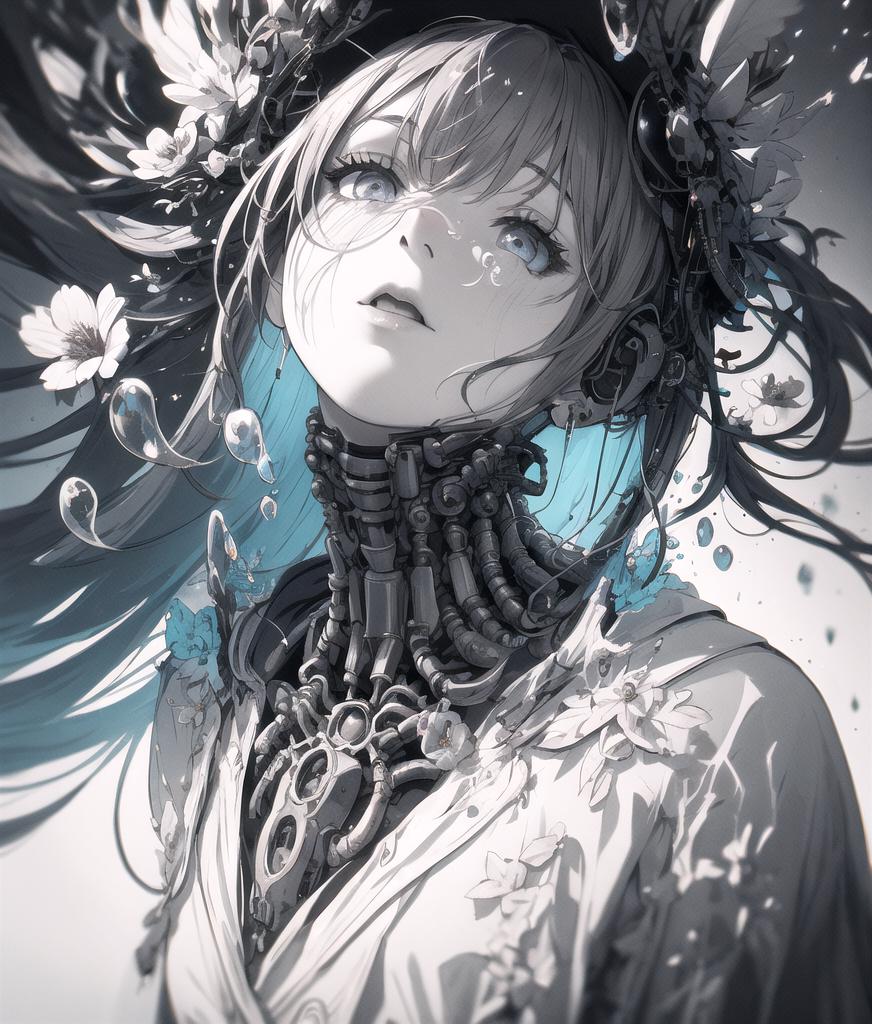A woman with a black and white dress and a flower headpiece - SeaArt AI