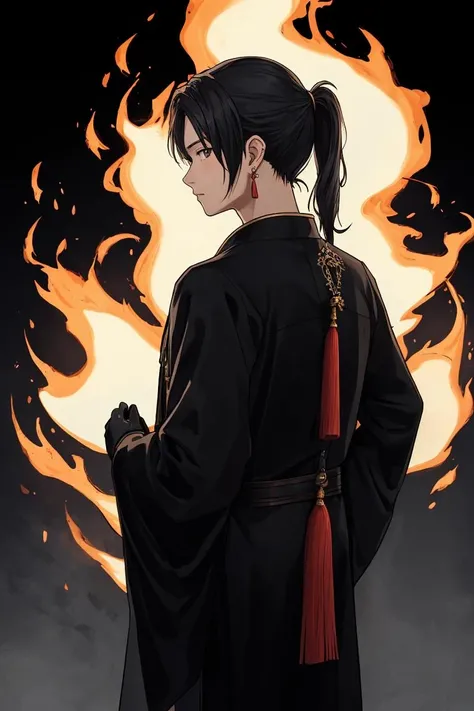 YanS, 1boy, male focus, jewelry, earrings, solo, looking at viewer, tassel, long sleeves, standing, robe, looking back, ponytail, chinese clothes, from behind, black robe, gloves, black gloves, profile, fire, flame, Illustration, by Yoji Shinkawa, burning,