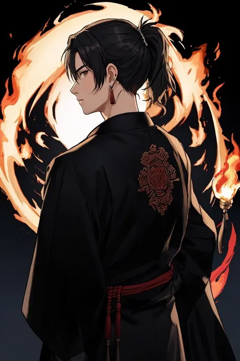 YanS, 1boy, male focus, jewelry, earrings, solo, looking at viewer, tassel, long sleeves, standing, robe, looking back, ponytail, chinese clothes, from behind, black robe, gloves, black gloves, profile, fire, flame, Illustration, by Yoji Shinkawa, burning,