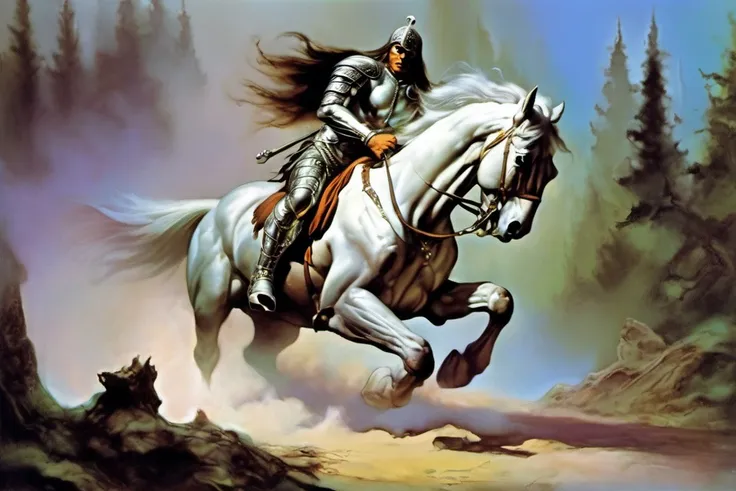 <lora:Fantasy_art_XL_V1:0.75> a man in silver armor riding a horse, forest pathway, art by boris vallejo