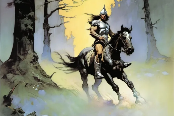 <lora:Fantasy_art_XL_V1:0.75> a man in silver armor riding a horse, forest pathway, art by frank frazetta
