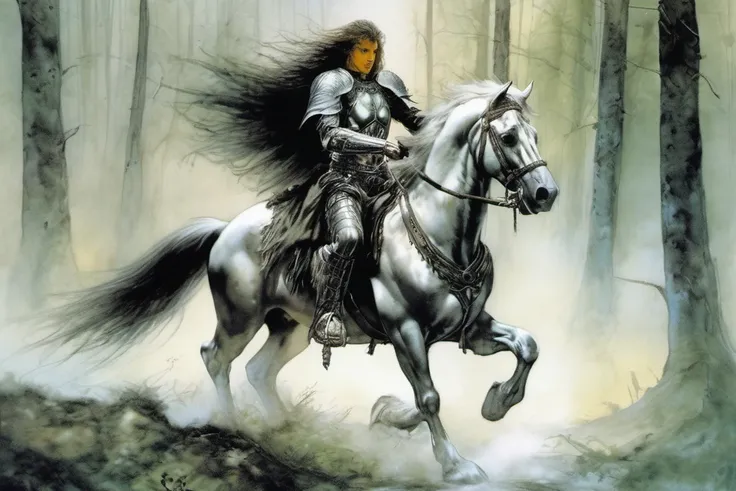 <lora:Fantasy_art_XL_V1:0.75> a man in silver armor riding a horse, forest pathway, art by luis royo