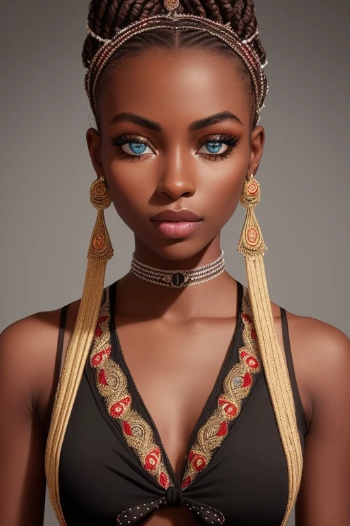 analog style, realistic, award-winning photo,(symmetric highly detailed eyes, fantastic eyes, intricate eyes:1.1), detailed background, full body, wide angle, beautiful 20 year old girl, African American, dark skin, skinny, ribbon braid, flat chest, tiktok, instagram