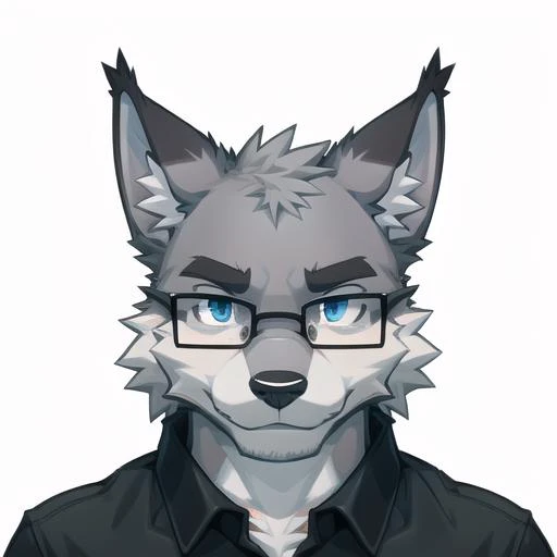 <lora:karo_3rd_rock:0.3>, <lora:takahirosi:0.7>, mammal, kemono,  male, white to lightgrey wolf, detailed clear eyes, (lynx: 1.01), black outer ear fur, white inner ear fur, gray eyes, square glasses, muscular, fully clothed, best quality, masterpiece, looking at viewer, no background, roughly drawn outline, Minecraft, lineart, black shirt