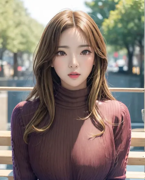 pureerosface_v1:0.1, best quality, photorealistic, 8k, high res, full color, 1girl, woman, 20 years old woman, (closed mouth:1.2), (skindentation), (portrait:0.6), trees, park bench, daylight, ((park background:1.52)), full color, ((necksweater:1.68)), straight-looking at viewer:1.8, (1girl eyes looking at viewer:1.55), (medium-length hair, brown-blondhair, partedhair:1.45), (bokeh), <lora:AAG-jisamss:0.7>