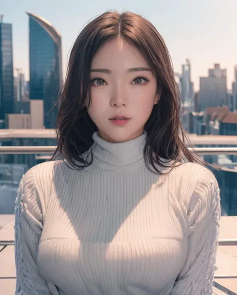pureerosface_v1, best quality, photorealistic, 8k, high res, 1girl, woman, (skindentation), (portrait:0.6), parted lips, smile, ((cityscapebackground:2)) , ((smallsize round breast, highneck sweater:1.7)), straight-looking at viewer:1.8, (1girl eyes looking at viewer:1.45, medium-length hair, blackhair, partedhairs:1.45), photorealistic, (bokeh), <lora:CBGV-jisamss:0.69>