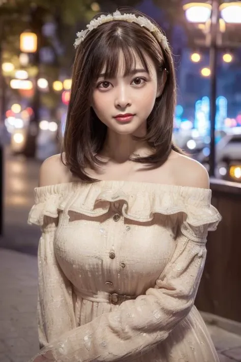 1girl, (wearing  a beige off-the-shoulder dress:1.4),(RAW photo, best quality), (realistic, photo-realistic:1.4), masterpiece, an extremely delicate and beautiful, extremely detailed, 2k wallpaper, Amazing, finely detail, extremely detailed CG unity 8k wallpaper, ultra-detailed, highres, soft light, beautiful detailed girl, extremely detailed eyes and face, beautiful detailed nose, beautiful detailed eyes,(cinematic lighting:0.8),(in the city at night:2.0),(night city view:2.0),perfect anatomy,slender body,laugh,(young girl:1.8),(cowboy-shot:1.8),(look at viewer),(front view:1.8),cinematic angle,(cleavage:1.2),(wavy long hair),(brown eyes:1.6),  <lora:imaizumiriona_lora-03:0.8>