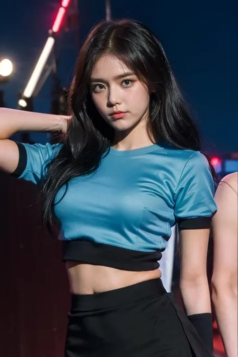 Fujifilm XT3, 8k,close up photo, masterpiece, best quality, (((1girl))), solo,realistic, ((looking at viewer)), photorealistic, (extremely detailed face), looking at viewer, ultra-detailed eyes and pupils, ultra detailed, serious expression, standing against a city skyline at night, cropped top,shirts, Suit skirt, ((navel)), (((hidden hands))), <lora:hyejeonglorashy:1>