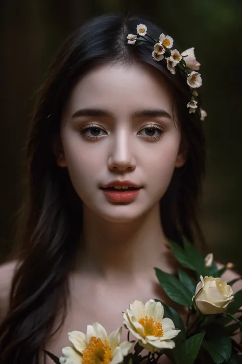 best quality, masterpiece, (photorealistic:1.4),  1 girl, Princess, upper body, Medieval, choker, flowers around, forest background, sweet girl, IDOL, moon, -- Face Details:1.7 -- <lora:MoosMST3:1> <lora:Rokki-01:1>