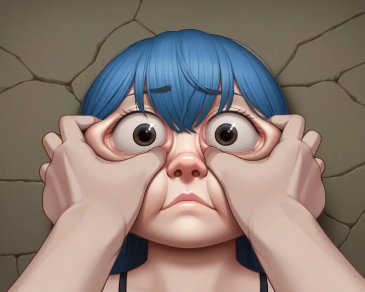 score_9, source_anime, BREAK, (grabbing eyes:1.3), eyes hidden with hands, (huge face:1.3), pov, tiny hand, funny, meme, (close up:1), (size difference:1), girl face, hair, nose, neck, <lora:sppovCheekGrabbingmemeXLPony:0.6>