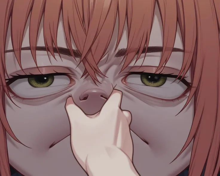 score_9, source_anime, BREAK, (grabbing eyes:1.3), eyes hidden with hands, (huge face:1.3), pov, tiny hand, (funny, meme:1.2), (close up:1), (size difference:1), girl face, hair, nose, neck, <lora:sppovCheekGrabbingmemeXLPony:0.6>