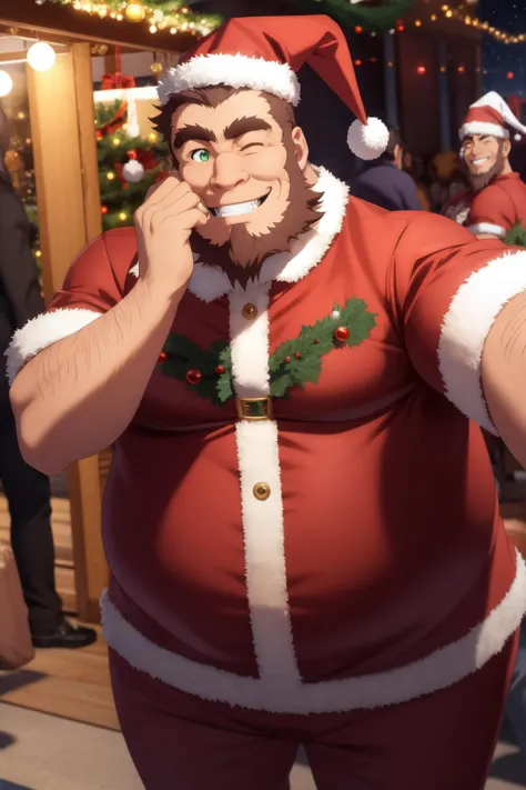 <lora:umiyan_lora4:0.8> 1man, multiple others, crowded, gift box, (santa costume, santa hat, santa dress, white beard, long beard, :1.3), (blush, smile:1.1), wink, one eye closed, winter market, body hair, BREAK best quality, smile, (muscular:0.8), (fat:1), middle-aged man, bara, masterpiece, brown hair, arm hair, green eyes, sideburns, thick eyebrows <lora:detail_slider_v4:2> <lora:make25d_type2_v100:0.3>